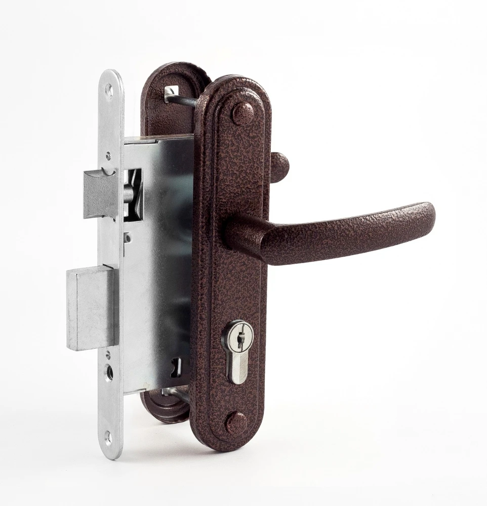 Фото Замок врезной цилиндровый с защёлкой в комплекте с ручкой ЗВ7.02 (медь), 4 кл.